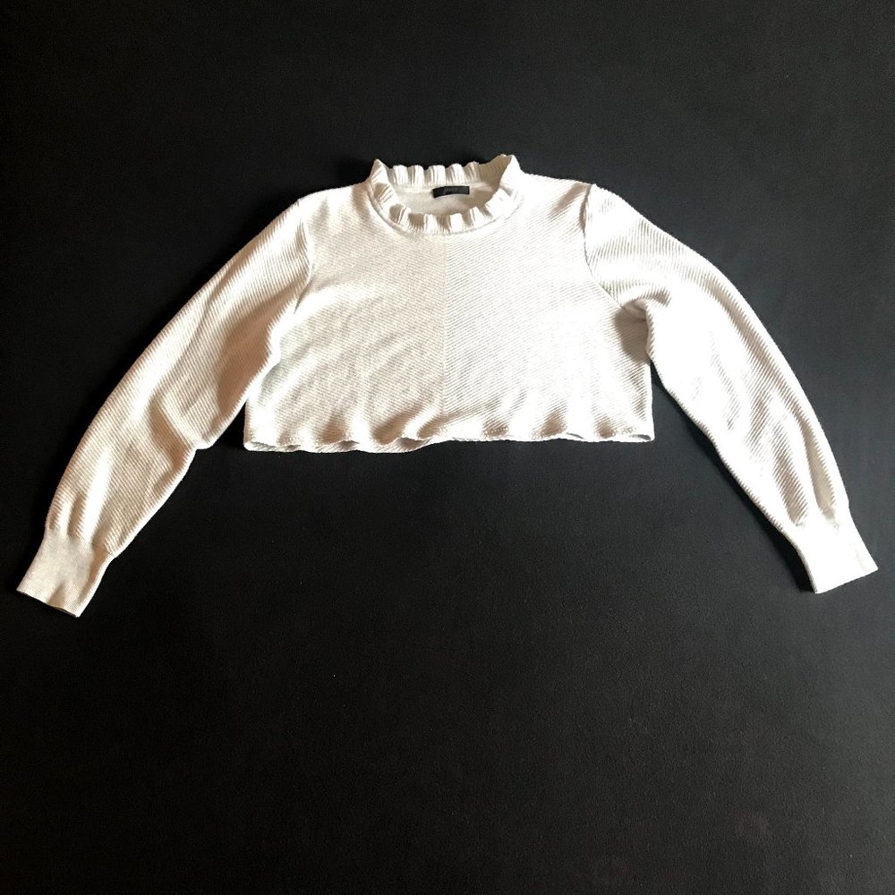 J Crew Light Grey Crop Ruffle Neck Sweater - Picture 4 of 4